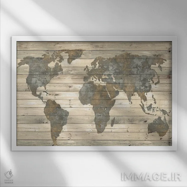تابلو نقشه جهان روی چوب اثر جیمی مکداول - نمای قابدار سفید