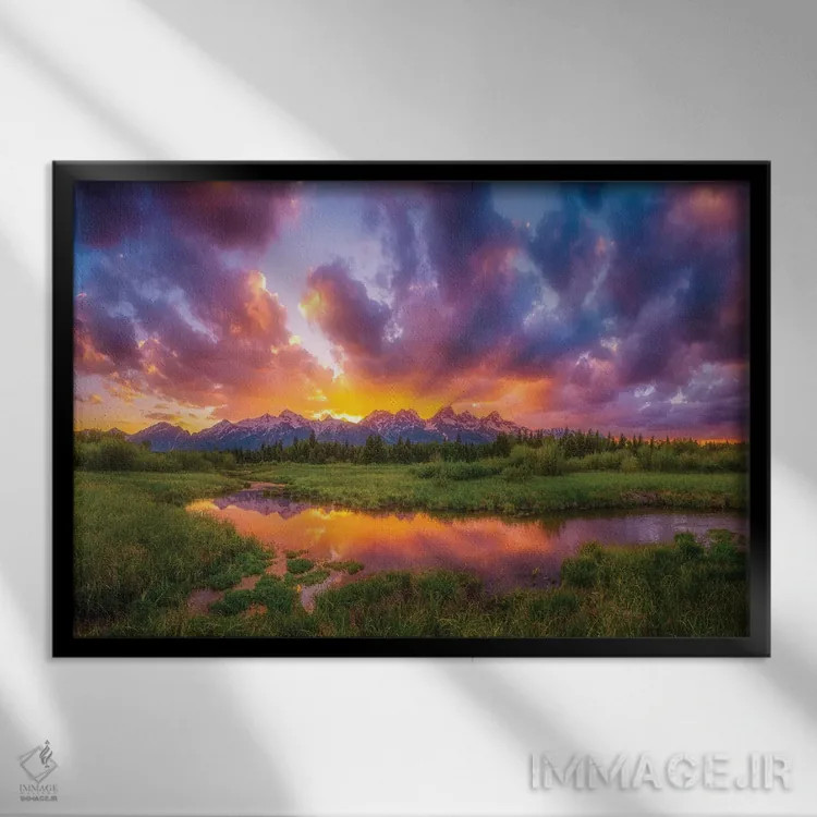 تابلو غروب باشکوه در تتونز (کوهستان ایالات متحده) اثر دارن وایت فوتوگرافی (عکاس) - نمای قابدار مشکی