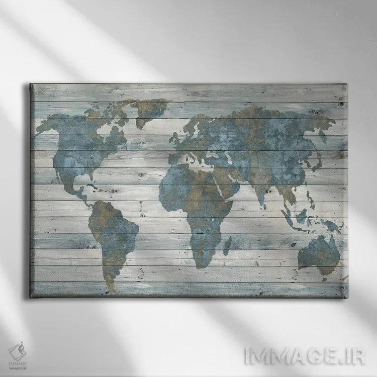 تابلو نقشه جهان روی چوب اثر جیمی مکداول - نمای روبهرو روی دیوار