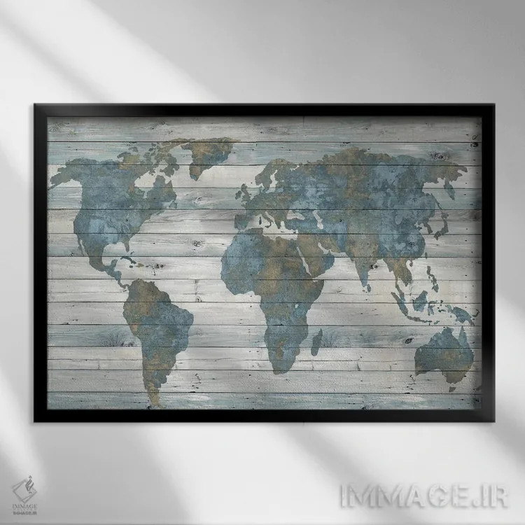 تابلو نقشه جهان روی چوب اثر جیمی مکداول - نمای قابدار مشکی