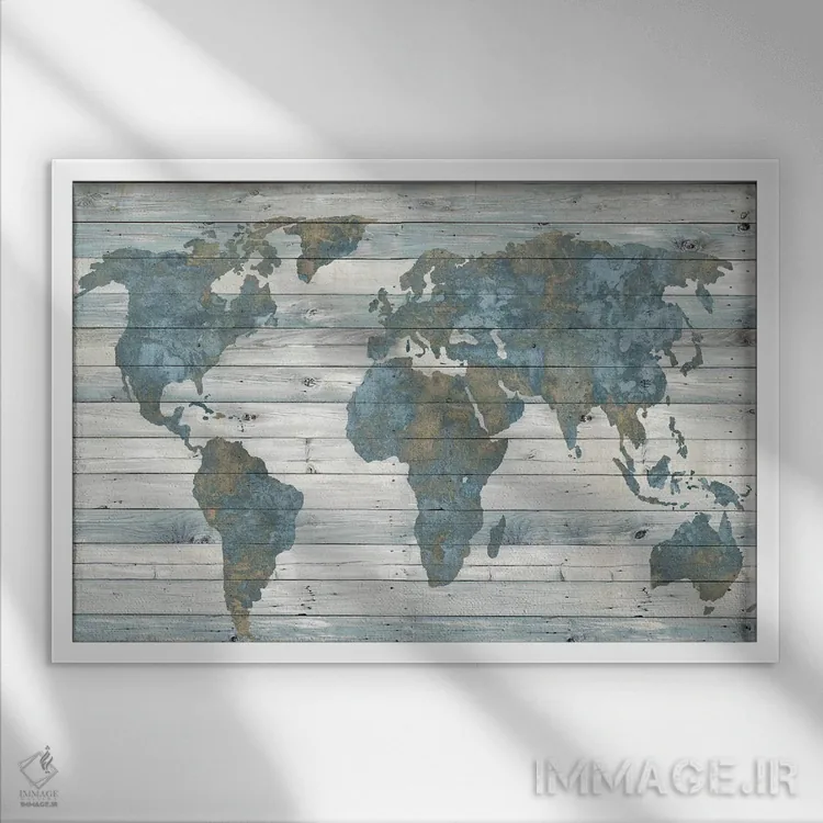 تابلو نقشه جهان روی چوب اثر جیمی مکداول - نمای قابدار سفید