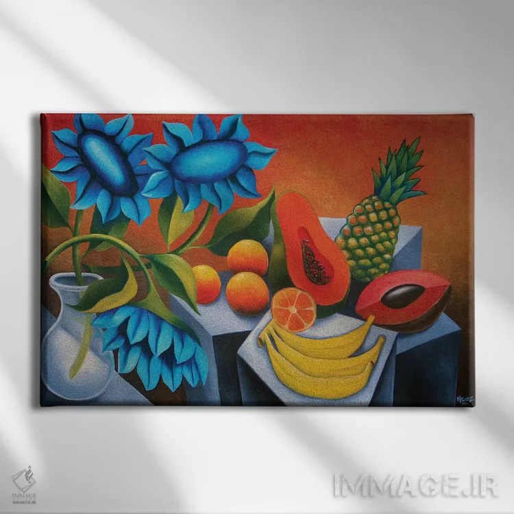 تابلو میوهها با گل آبی اثر دیکسی میگز - نمای روبهرو روی دیوار