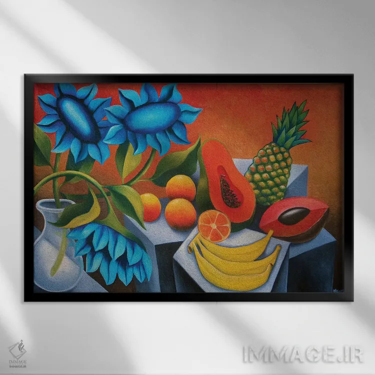 تابلو میوهها با گل آبی اثر دیکسی میگز - نمای قابدار مشکی