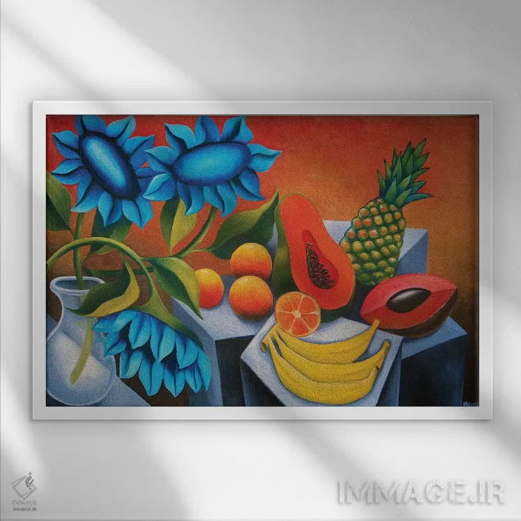 تابلو میوهها با گل آبی اثر دیکسی میگز - نمای قابدار سفید