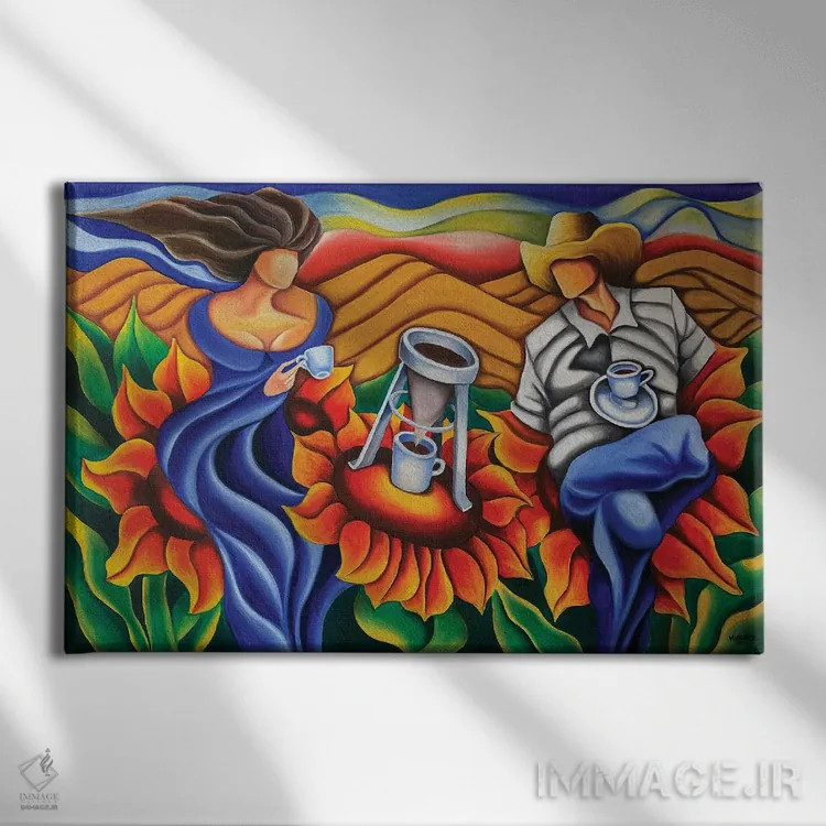 تابلو قهوه روی گلها اثر دیکسی میگز - نمای روبهرو روی دیوار