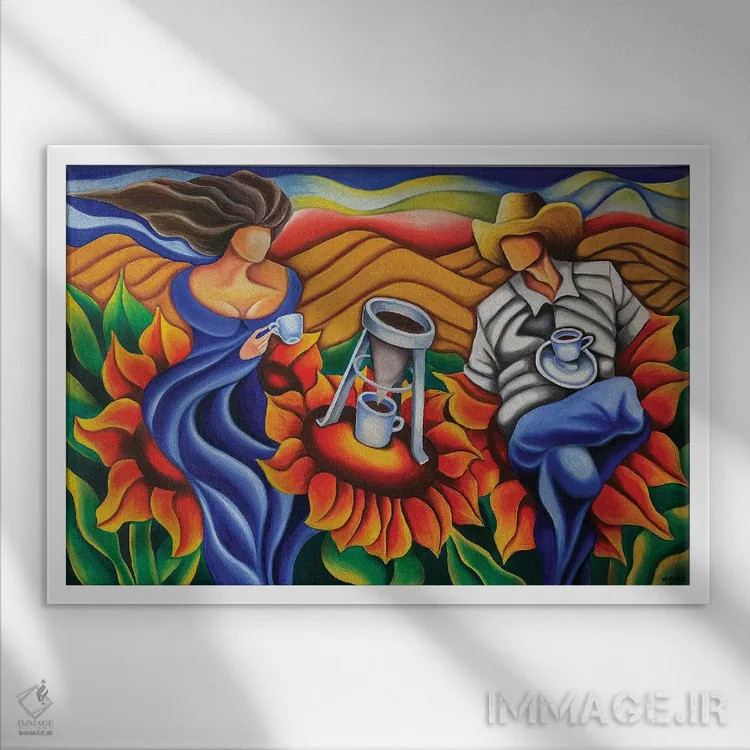 تابلو قهوه روی گلها اثر دیکسی میگز - نمای قابدار سفید