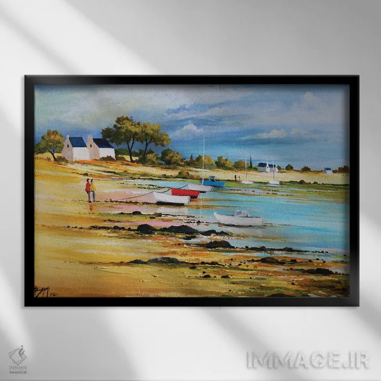 تابلو قایقهای ماهیگیری در جزر اثر اریک برونی - نمای قابدار مشکی