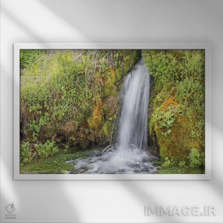 تابلو آمریکا، وایومینگ، شهرستان سابلت، کِندال وُرم اسپرینگز، آبشار کوچکی که روی لبهای خزهای جاری است اثر الیزابت بوم - نمای قابدار سفید