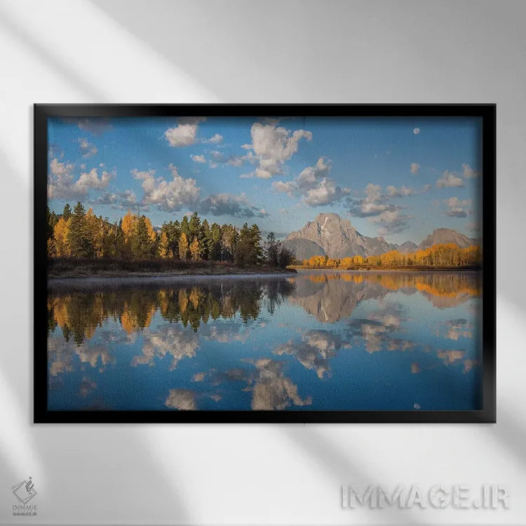تابلو آمریکا، وایومینگ، پارک ملی گرند تتون، قله موران کنار رود اسنیک در پاییز (قسمت اول) اثر الیزابت بوم - نمای قابدار مشکی