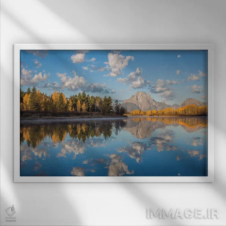 تابلو آمریکا، وایومینگ، پارک ملی گرند تتون، قله موران کنار رود اسنیک در پاییز (قسمت اول) اثر الیزابت بوم - نمای قابدار سفید