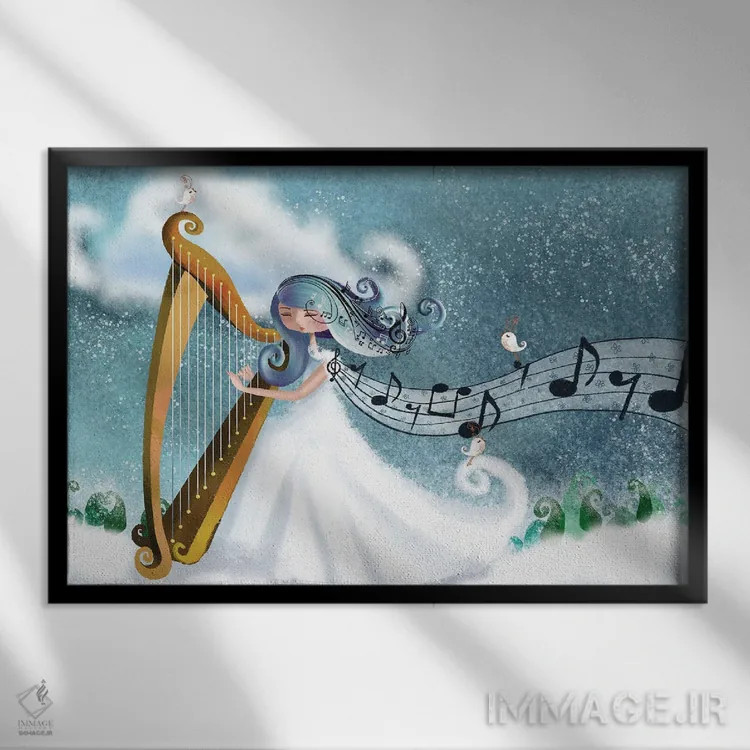 تابلو نوازنده چنگ در زمستان اثر الی بیکزاده - نمای قابدار مشکی