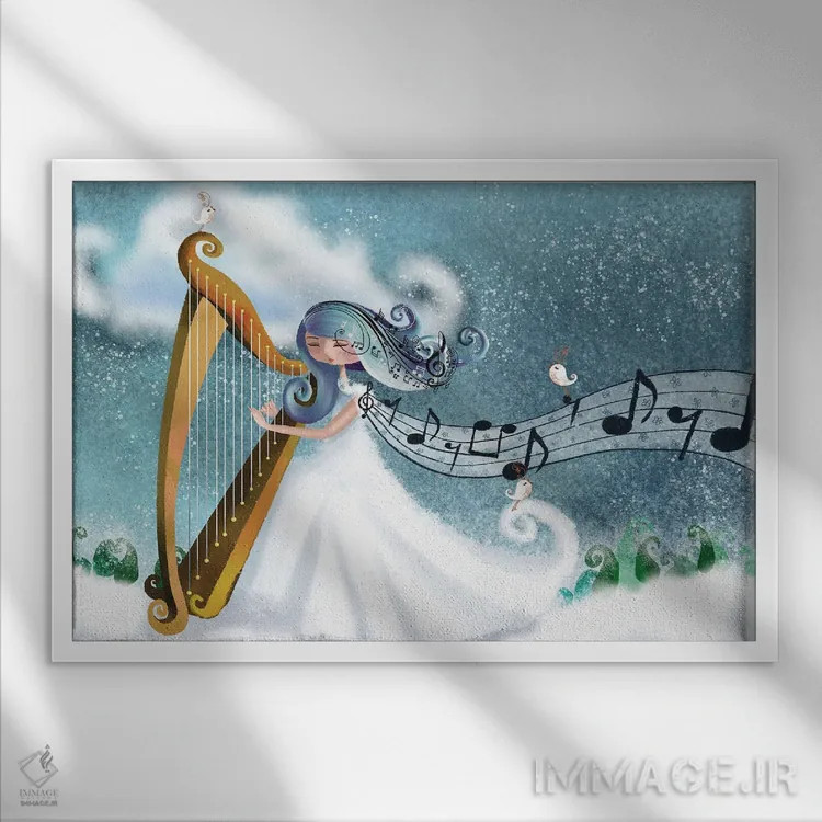 تابلو نوازنده چنگ در زمستان اثر الی بیکزاده - نمای قابدار سفید