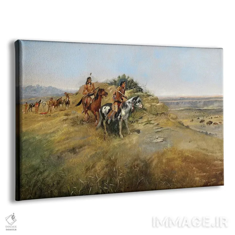 تابلو شکار بوفالو، ۱۸۹۱ اثر چارلز ماریون راسل (نقاش و مجسمهساز وسترن آمریکا) - نمای پرسپکتیو محصول