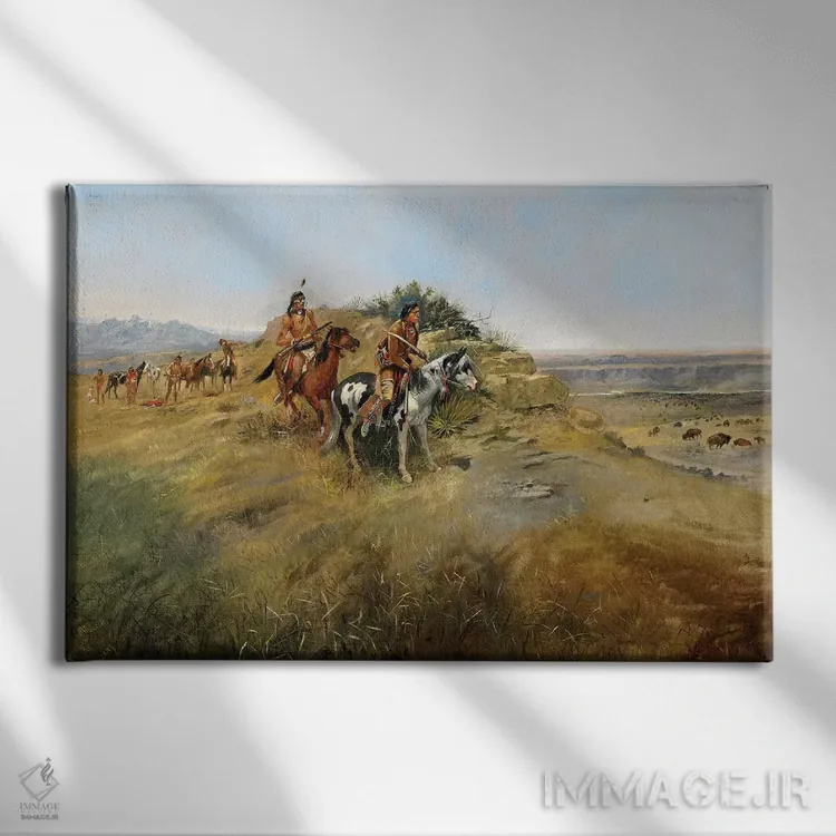 تابلو شکار بوفالو، ۱۸۹۱ اثر چارلز ماریون راسل (نقاش و مجسمهساز وسترن آمریکا) - نمای روبهرو روی دیوار