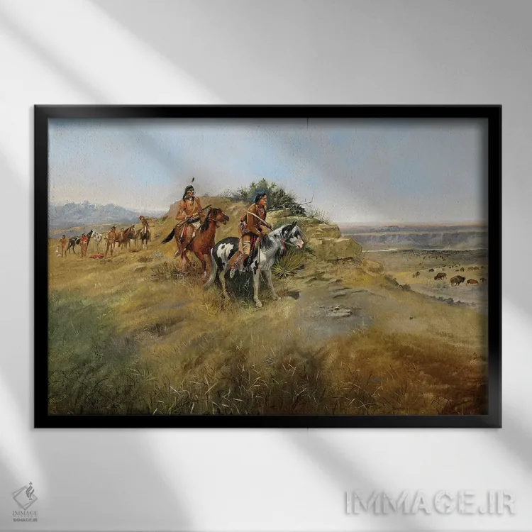 تابلو شکار بوفالو، ۱۸۹۱ اثر چارلز ماریون راسل (نقاش و مجسمهساز وسترن آمریکا) - نمای قابدار مشکی