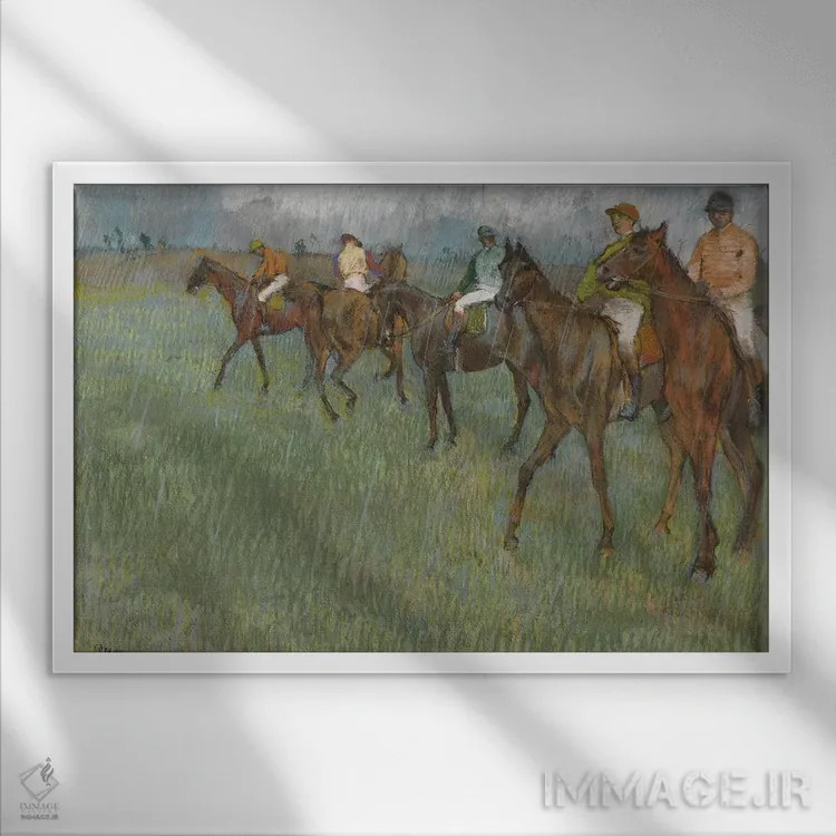 تابلو اسبدوانها در باران، حدود ۱۸۸۶ اثر ادگار دگا (نقاش و مجسمهساز فرانسوی) - نمای قابدار سفید