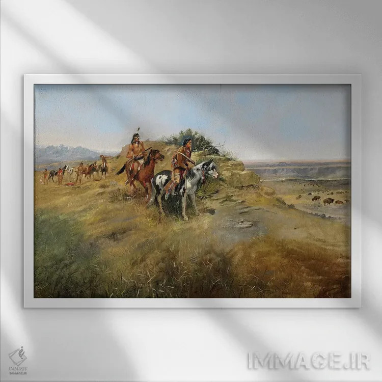 تابلو شکار بوفالو، ۱۸۹۱ اثر چارلز ماریون راسل (نقاش و مجسمهساز وسترن آمریکا) - نمای قابدار سفید