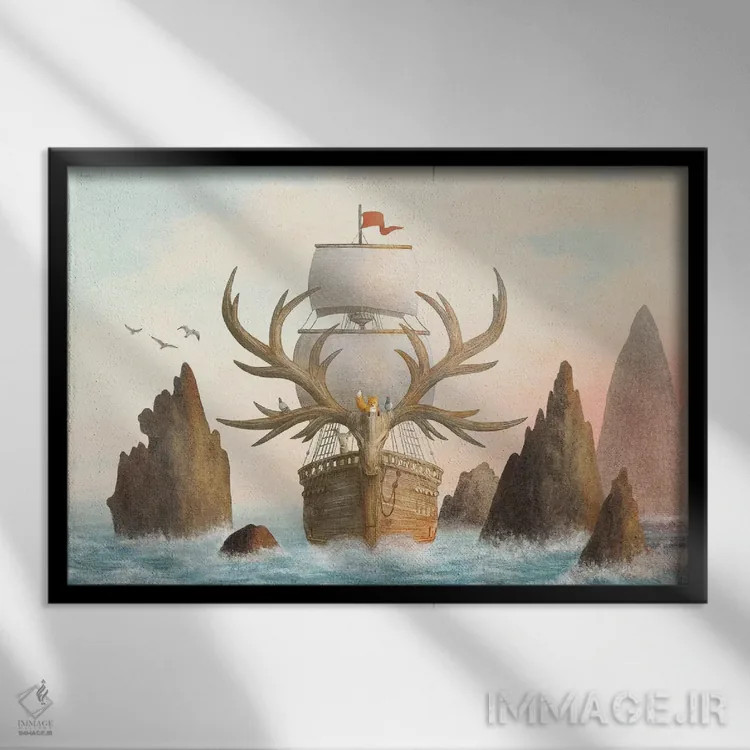 تابلو طرح جلد کشتی شاخدار اثر اریک فن - نمای قابدار مشکی