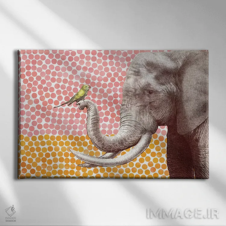 تابلو فیل و پرنده دو اثر اریک فن - نمای روبهرو روی دیوار