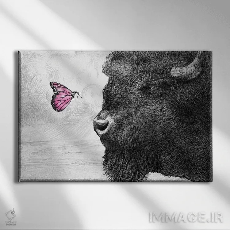 تابلو گاومیش و پروانه اثر اریک فن - نمای روبهرو روی دیوار