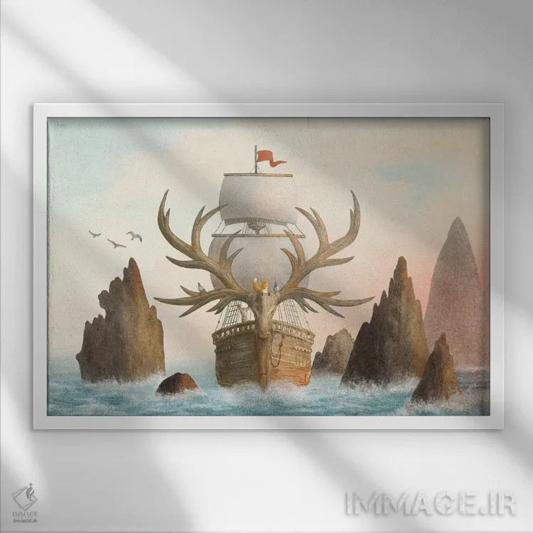 تابلو طرح جلد کشتی شاخدار اثر اریک فن - نمای قابدار سفید