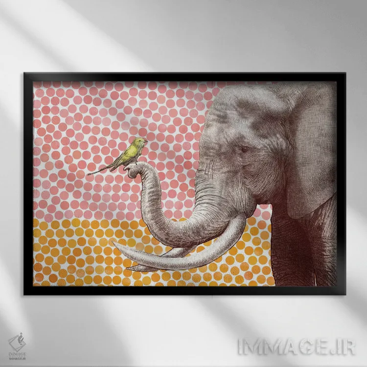 تابلو فیل و پرنده دو اثر اریک فن - نمای قابدار مشکی