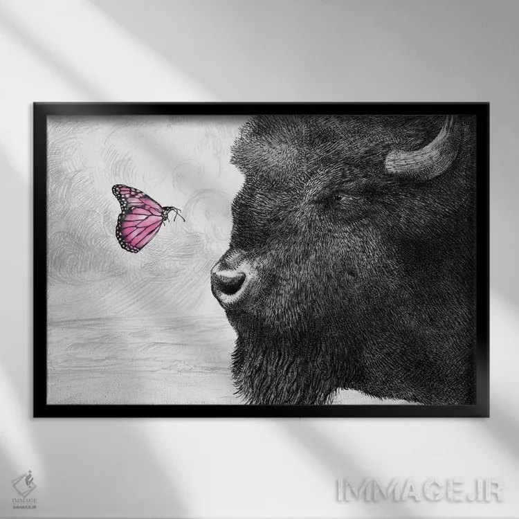 تابلو گاومیش و پروانه اثر اریک فن - نمای قابدار مشکی