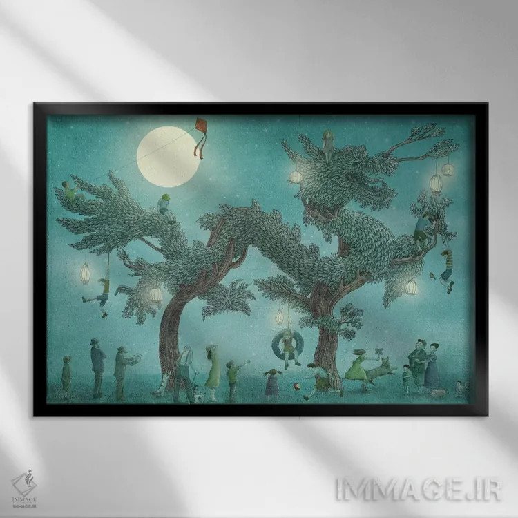 تابلو درخت اژدها در شب اثر اریک فن - نمای قابدار مشکی