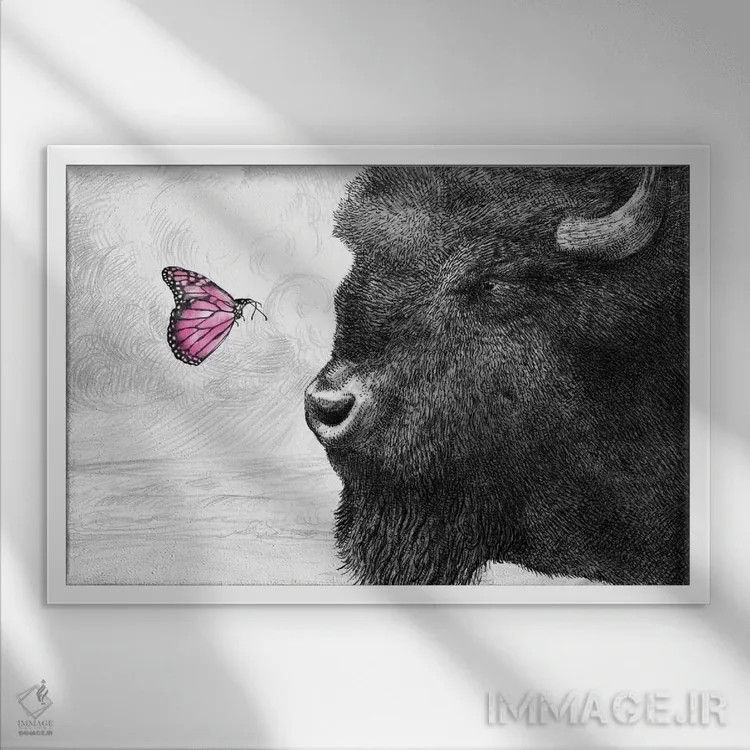 تابلو گاومیش و پروانه اثر اریک فن - نمای قابدار سفید