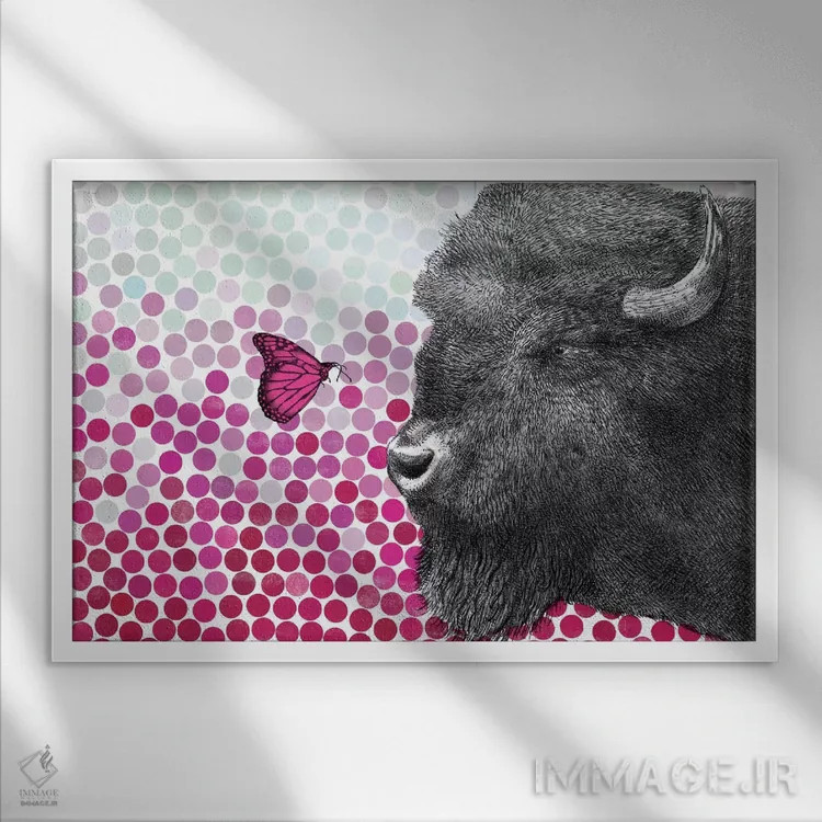 تابلو گاومیش و پروانه دو اثر اریک فن - نمای قابدار سفید