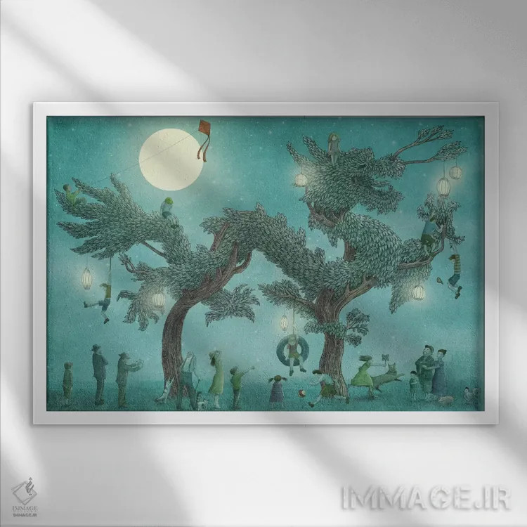 تابلو درخت اژدها در شب اثر اریک فن - نمای قابدار سفید