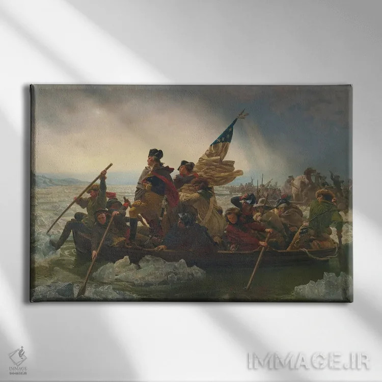 تابلو واشنگتن در حال عبور از رودخانه دلاور (۲۵ دسامبر ۱۷۷۶)؛ ۱۸۵۱ (نقاشی تاریخی) اثر امانوئل گوتلیب لوتزه (نقاش تاریخی آلمانی-آمریکایی) - نمای روبهرو روی دیوار