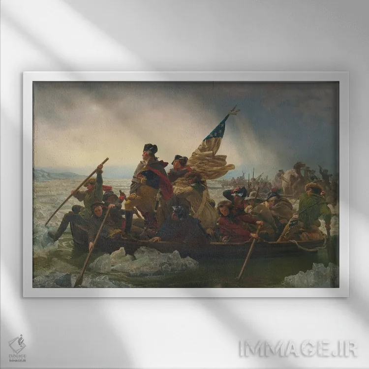 تابلو واشنگتن در حال عبور از رودخانه دلاور (۲۵ دسامبر ۱۷۷۶)؛ ۱۸۵۱ (نقاشی تاریخی) اثر امانوئل گوتلیب لوتزه (نقاش تاریخی آلمانی-آمریکایی) - نمای قابدار سفید