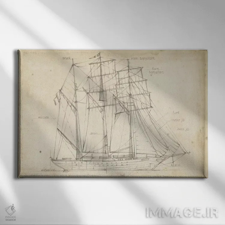 تابلو نقشه فنی قایق بادبانی (قسمت اول) اثر اتان هارپر - نمای روبهرو روی دیوار