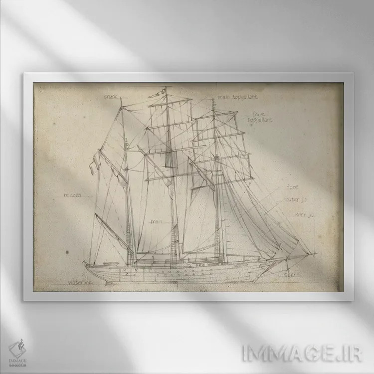 تابلو نقشه فنی قایق بادبانی (قسمت اول) اثر اتان هارپر - نمای قابدار سفید