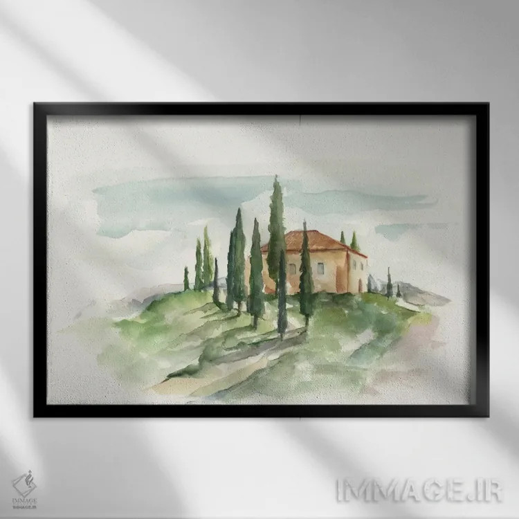 تابلو ویلا توسکانی آبرنگی II اثر اتان هارپر - نمای قابدار مشکی