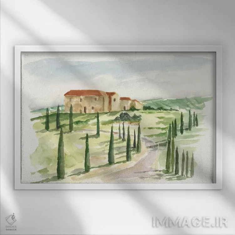 تابلو ویلا توسکانی آبرنگی I اثر اتان هارپر - نمای قابدار سفید