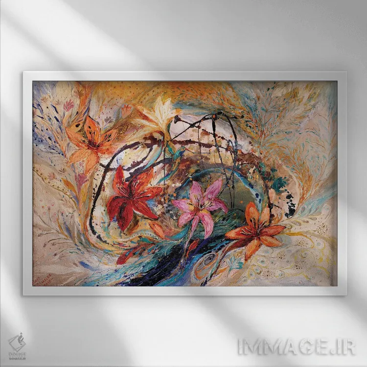 تابلو پاشیدن زندگی XVII: مرغ مگسخوار و گلهای عجیب اثر النا کوتلیارکر - نمای قابدار سفید