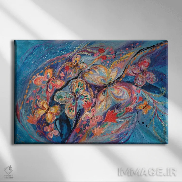 تابلو پروانهها روی زمینه آبی اثر النا کوتلیارکر - نمای روبهرو روی دیوار