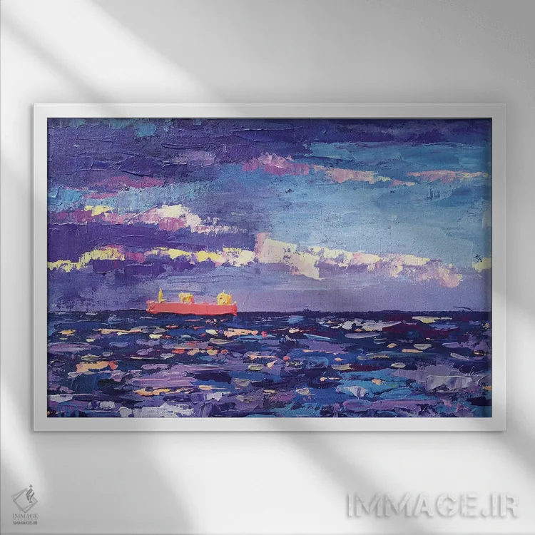 تابلو کشتی قرمز در دریای آبی اثر اکاترینا پریسیچ - نمای قابدار سفید