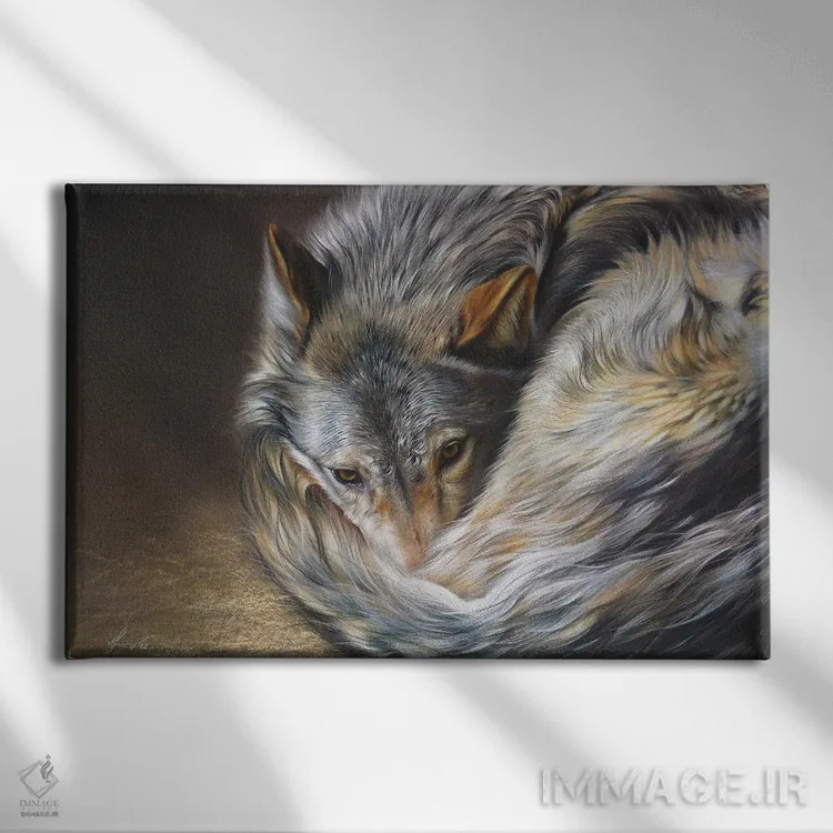 تابلو آرامش مراقب (گرگ خاکستری) اثر النا کولوتوشا - نمای روبهرو روی دیوار