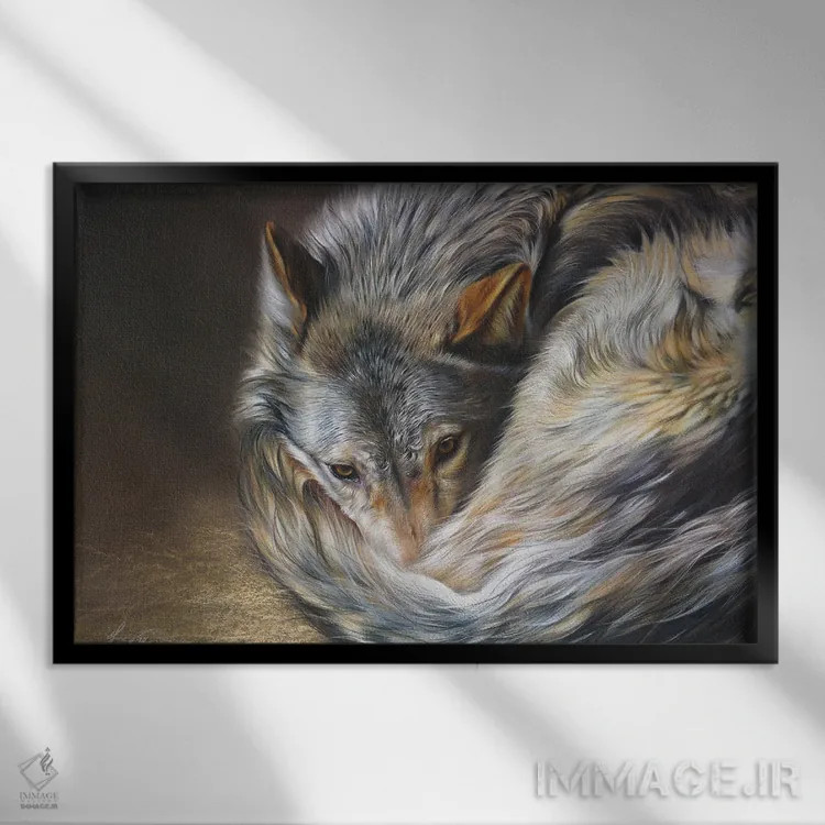 تابلو آرامش مراقب (گرگ خاکستری) اثر النا کولوتوشا - نمای قابدار مشکی