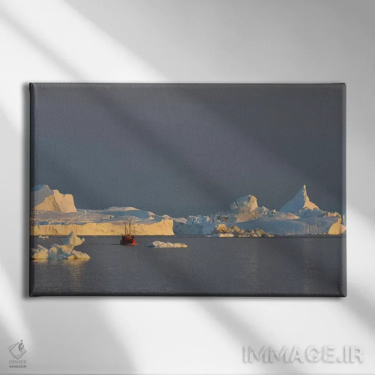 تابلو قایق ماهیگیری و کوههای یخی در گرینلند اثر المر وایس - نمای روبهرو روی دیوار