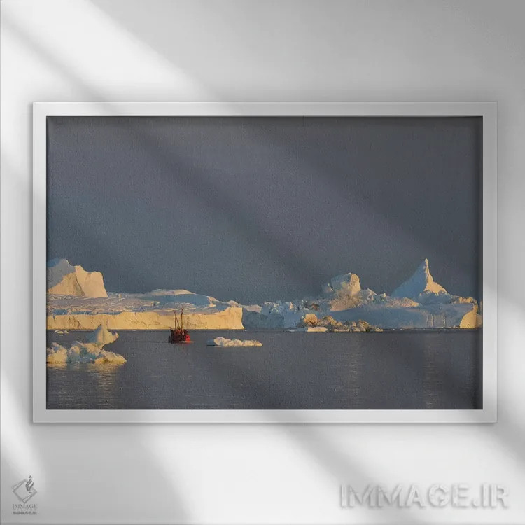 تابلو قایق ماهیگیری و کوههای یخی در گرینلند اثر المر وایس - نمای قابدار سفید