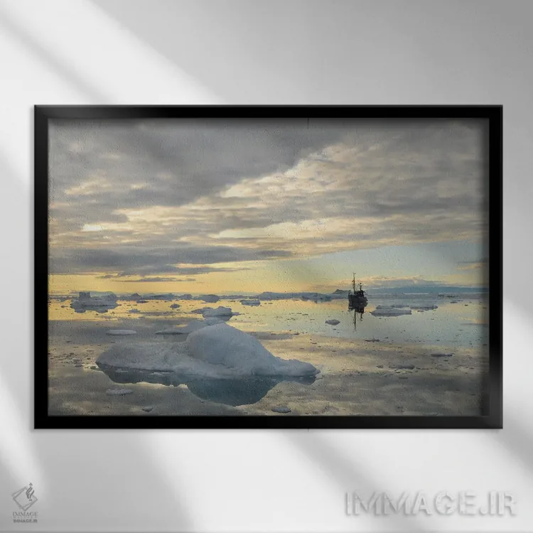 تابلو قایق ماهیگیری و کوههای یخی اثر المر وایس - نمای قابدار مشکی