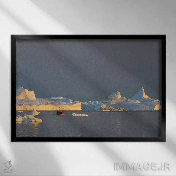 تابلو قایق ماهیگیری و کوههای یخی در گرینلند اثر المر وایس - نمای قابدار مشکی