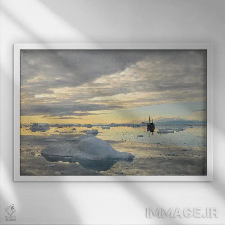 تابلو قایق ماهیگیری و کوههای یخی اثر المر وایس - نمای قابدار سفید
