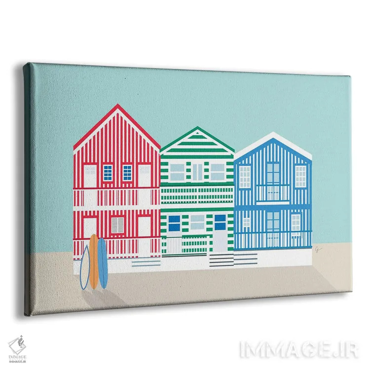 تابلو "خانههای رنگارنگ خطدار در ساحل کوستا نوا، پرتغال" اثر لایمن کریتیو کو. (شرکت/استودیو خلاق) - نمای پرسپکتیو محصول