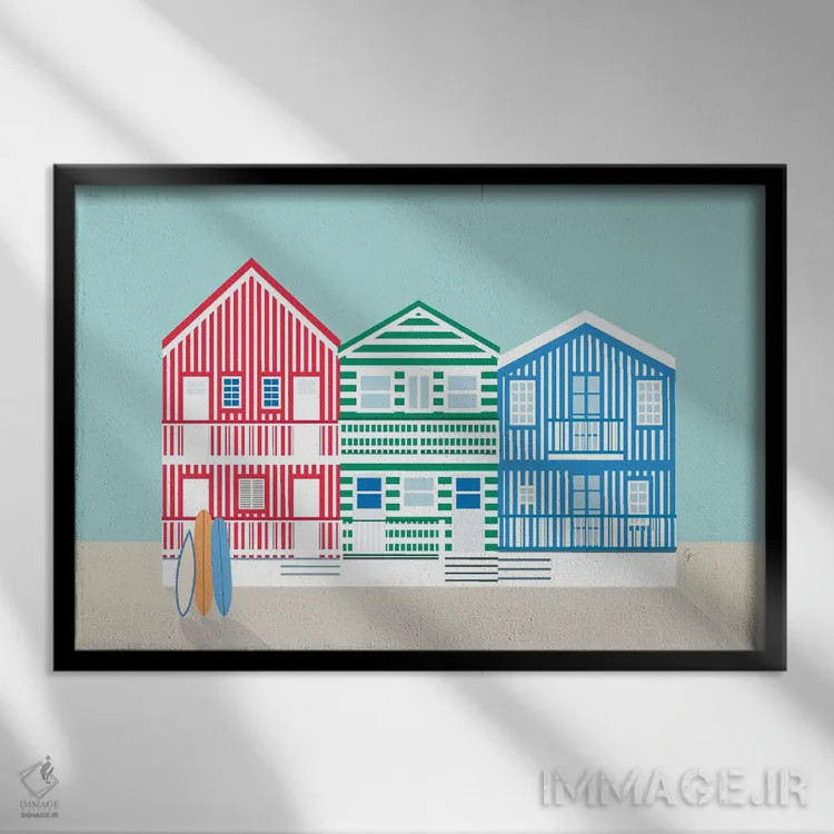 تابلو "خانههای رنگارنگ خطدار در ساحل کوستا نوا، پرتغال" اثر لایمن کریتیو کو. (شرکت/استودیو خلاق) - نمای قابدار مشکی