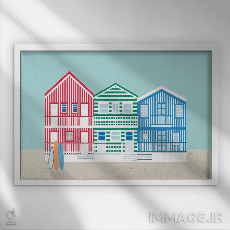 تابلو "خانههای رنگارنگ خطدار در ساحل کوستا نوا، پرتغال" اثر لایمن کریتیو کو. (شرکت/استودیو خلاق) - نمای قابدار سفید